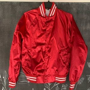 Shiny red bomber jacket